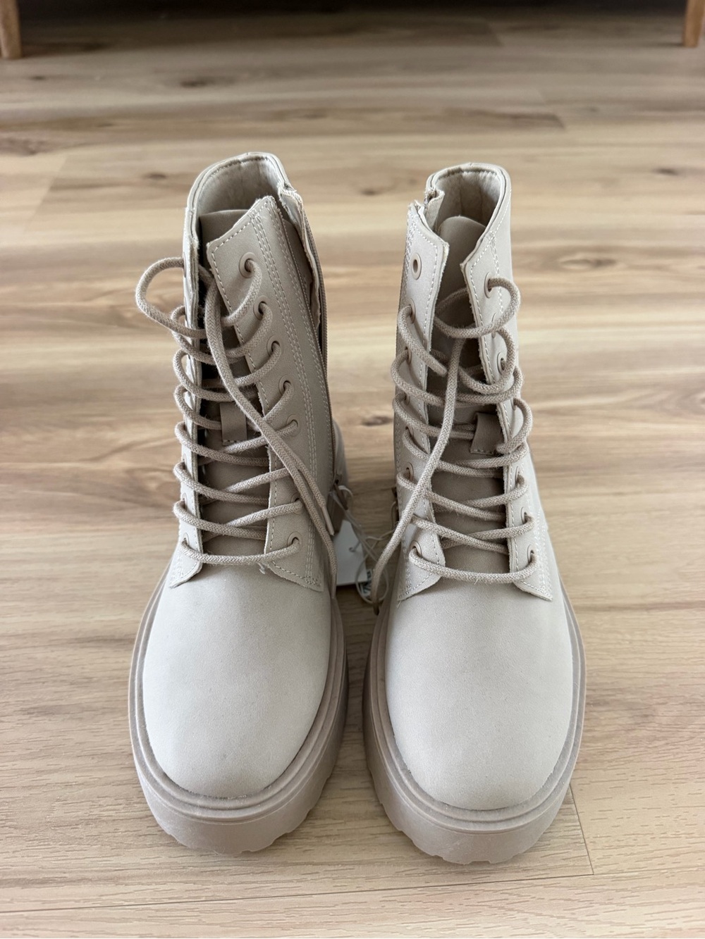 Kids Beige Lace-Up Platform Combat Boots